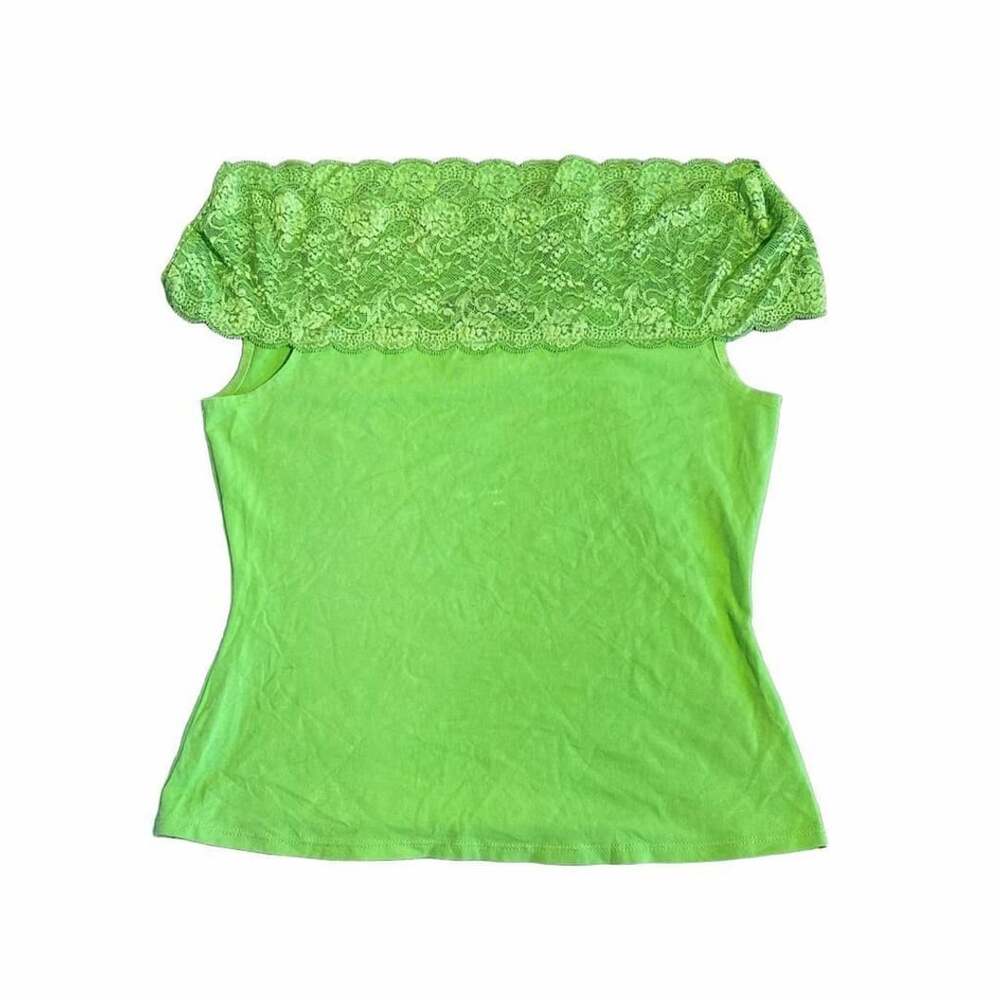 Bisou Bisou Lace Trim Top Size L Green Cotton Spandex